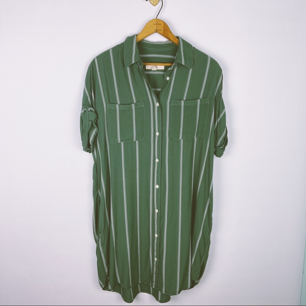 Thread & Supply Button Shirt Dress Green Stripe L